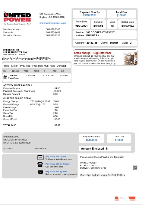 USA Colorado United Power business utility bill template in Word and PDF formats